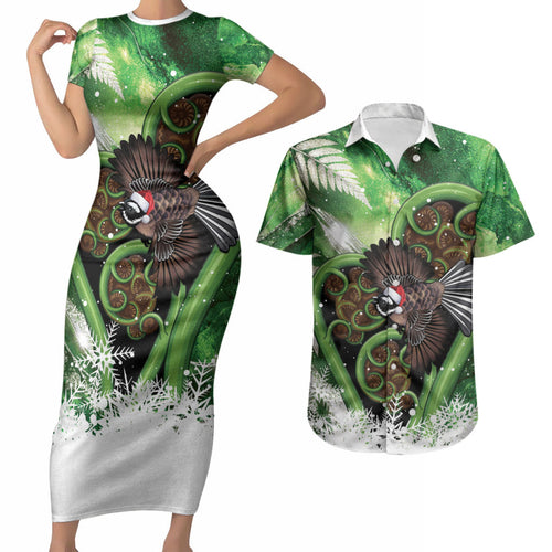 Piwakawaka New Zealand Christmas In July Couples Matching Short Sleeve Bodycon Dress and Hawaiian Shirt NZ Aroha Koru Fern Marble Vibes