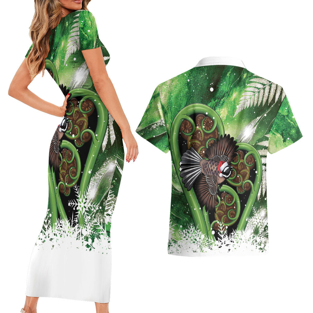 Piwakawaka New Zealand Christmas In July Couples Matching Short Sleeve Bodycon Dress and Hawaiian Shirt NZ Aroha Koru Fern Marble Vibes