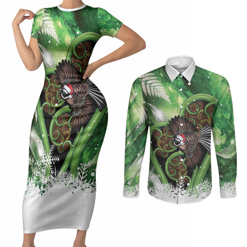 Piwakawaka New Zealand Christmas In July Couples Matching Short Sleeve Bodycon Dress and Long Sleeve Button Shirt NZ Aroha Koru Fern Marble Vibes