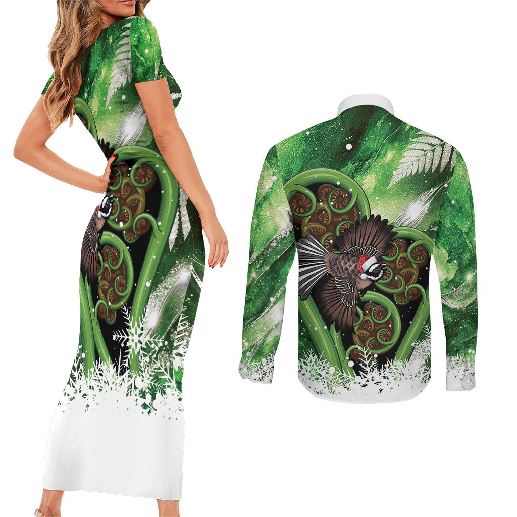 Piwakawaka New Zealand Christmas In July Couples Matching Short Sleeve Bodycon Dress and Long Sleeve Button Shirt NZ Aroha Koru Fern Marble Vibes