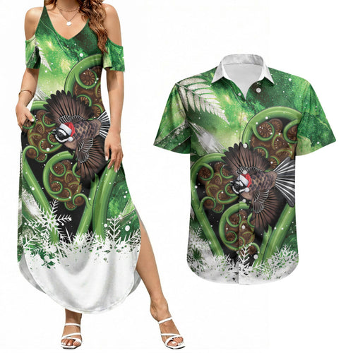 Piwakawaka New Zealand Christmas In July Couples Matching Summer Maxi Dress and Hawaiian Shirt NZ Aroha Koru Fern Marble Vibes