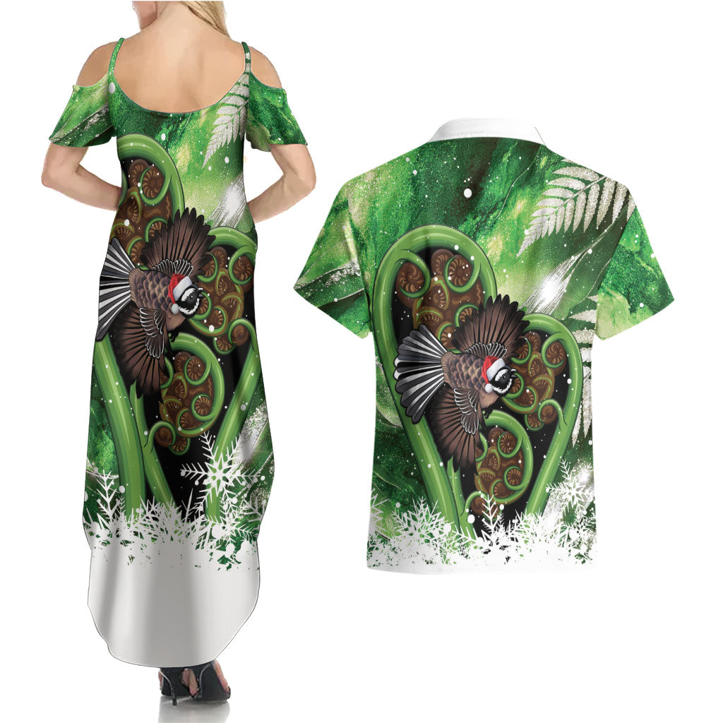 Piwakawaka New Zealand Christmas In July Couples Matching Summer Maxi Dress and Hawaiian Shirt NZ Aroha Koru Fern Marble Vibes