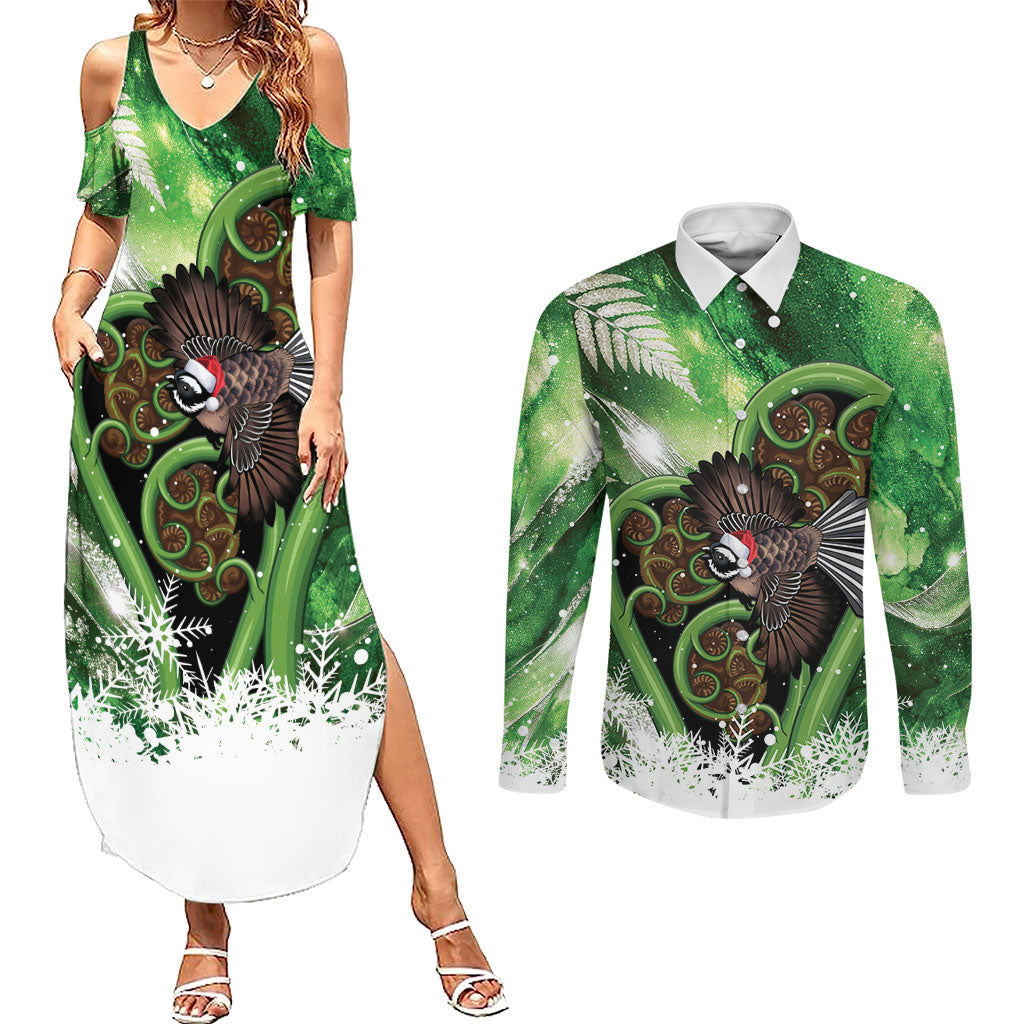 Piwakawaka New Zealand Christmas In July Couples Matching Summer Maxi Dress and Long Sleeve Button Shirt NZ Aroha Koru Fern Marble Vibes