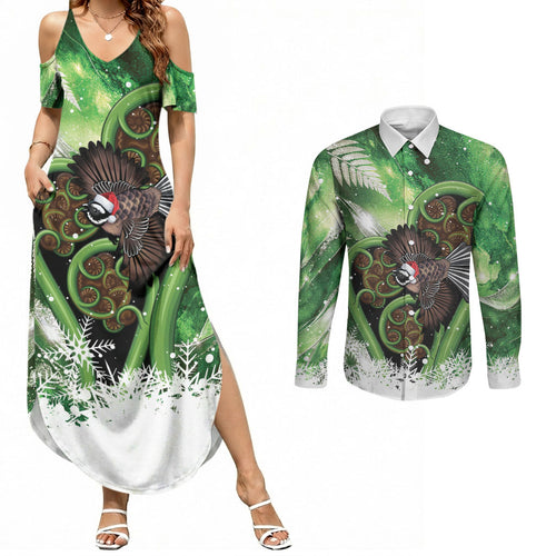 Piwakawaka New Zealand Christmas In July Couples Matching Summer Maxi Dress and Long Sleeve Button Shirt NZ Aroha Koru Fern Marble Vibes