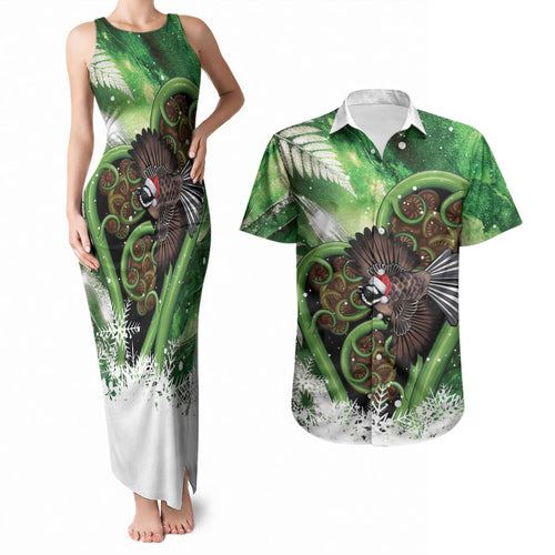Piwakawaka New Zealand Christmas In July Couples Matching Tank Maxi Dress and Hawaiian Shirt NZ Aroha Koru Fern Marble Vibes
