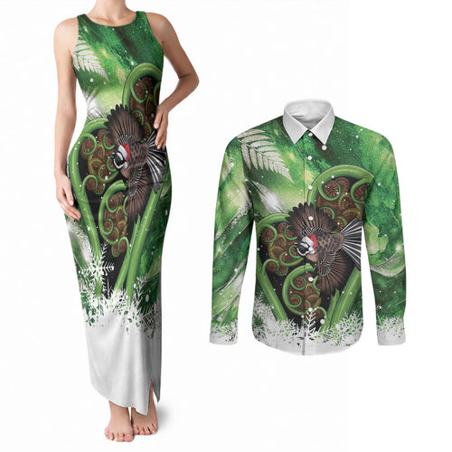 Piwakawaka New Zealand Christmas In July Couples Matching Tank Maxi Dress and Long Sleeve Button Shirt NZ Aroha Koru Fern Marble Vibes