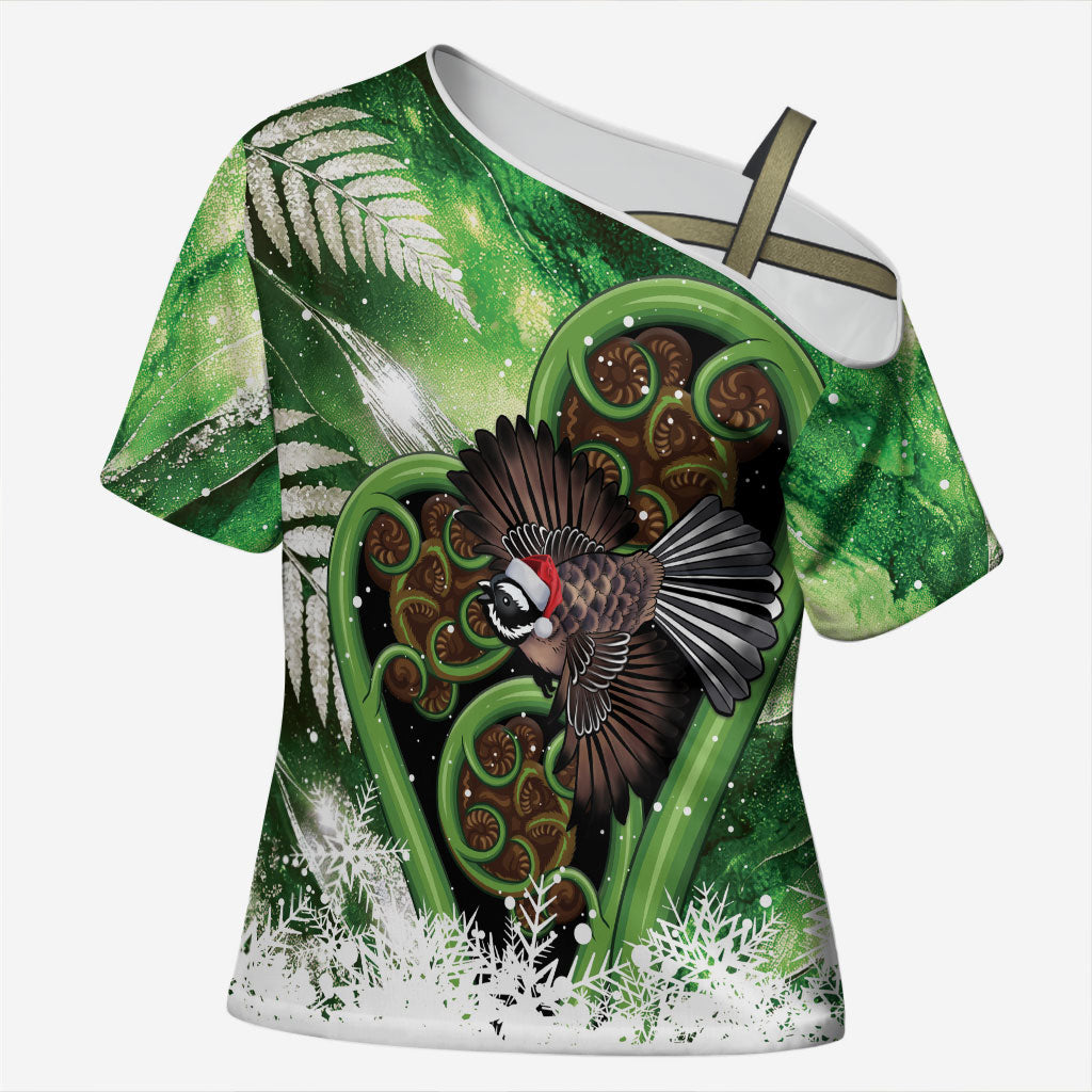 Piwakawaka New Zealand Christmas In July Cross Shoulder Shirt NZ Aroha Koru Fern Marble Vibes