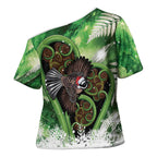 Piwakawaka New Zealand Christmas In July Cross Shoulder Shirt NZ Aroha Koru Fern Marble Vibes