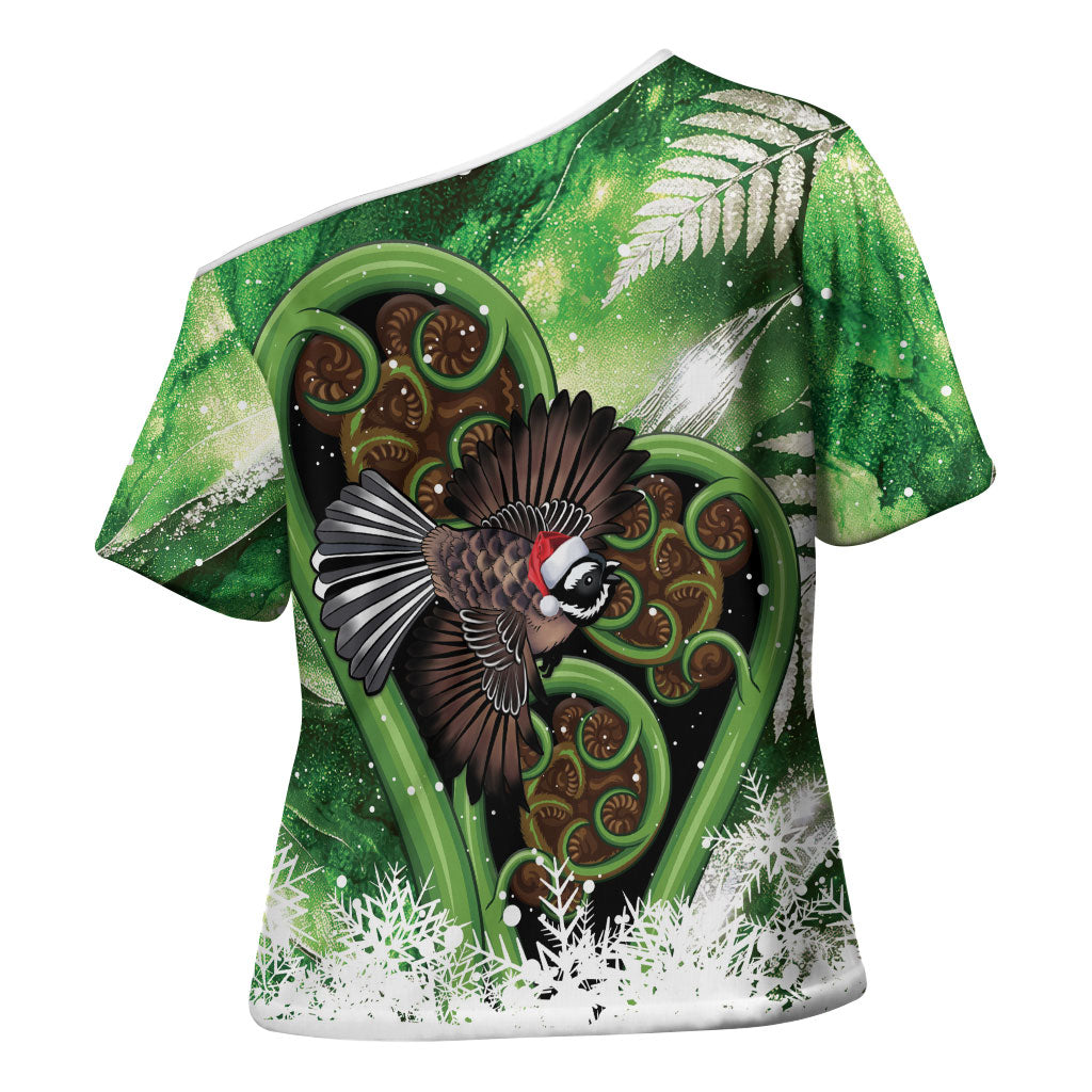 Piwakawaka New Zealand Christmas In July Cross Shoulder Shirt NZ Aroha Koru Fern Marble Vibes