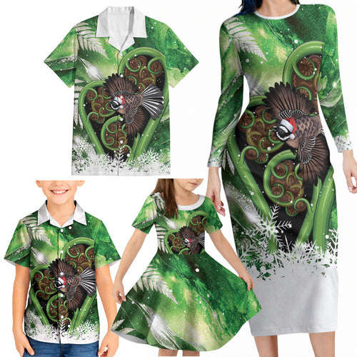 Piwakawaka New Zealand Christmas In July Family Matching Long Sleeve Bodycon Dress and Hawaiian Shirt NZ Aroha Koru Fern Marble Vibes