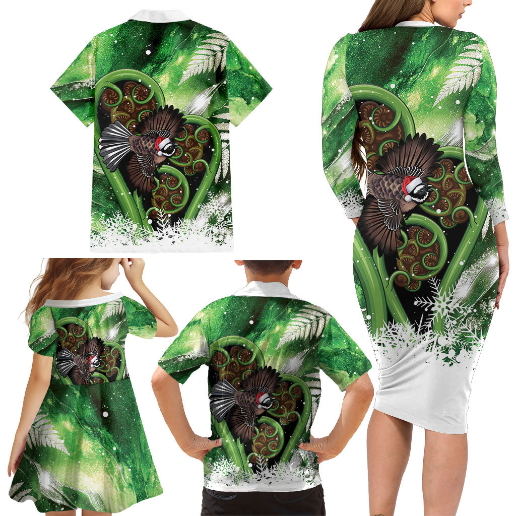 Piwakawaka New Zealand Christmas In July Family Matching Long Sleeve Bodycon Dress and Hawaiian Shirt NZ Aroha Koru Fern Marble Vibes