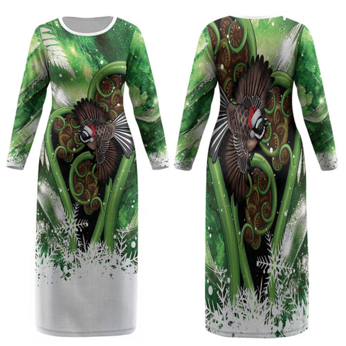 Piwakawaka New Zealand Christmas In July Family Matching Long Sleeve Bodycon Dress and Hawaiian Shirt NZ Aroha Koru Fern Marble Vibes