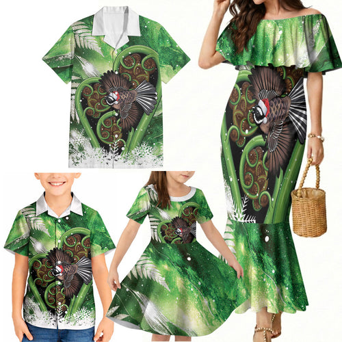 Piwakawaka New Zealand Christmas In July Family Matching Mermaid Dress and Hawaiian Shirt NZ Aroha Koru Fern Marble Vibes