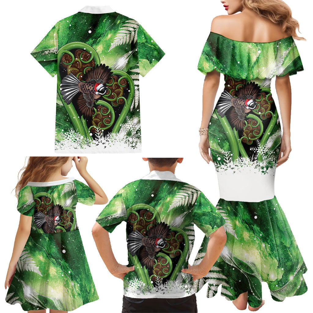 Piwakawaka New Zealand Christmas In July Family Matching Mermaid Dress and Hawaiian Shirt NZ Aroha Koru Fern Marble Vibes