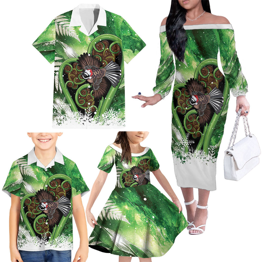 Piwakawaka New Zealand Christmas In July Family Matching Off The Shoulder Long Sleeve Dress and Hawaiian Shirt NZ Aroha Koru Fern Marble Vibes