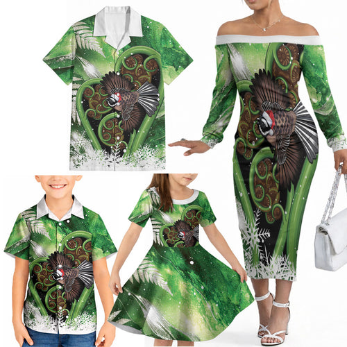 Piwakawaka New Zealand Christmas In July Family Matching Off The Shoulder Long Sleeve Dress and Hawaiian Shirt NZ Aroha Koru Fern Marble Vibes