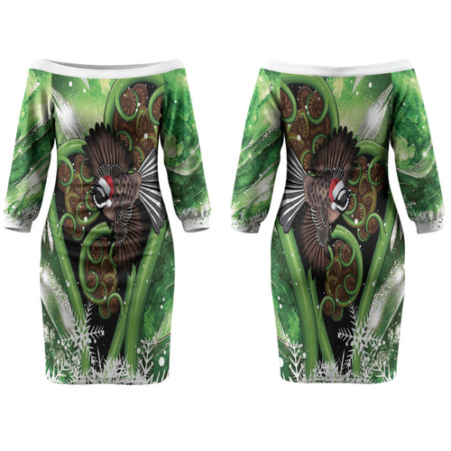 Piwakawaka New Zealand Christmas In July Family Matching Off The Shoulder Long Sleeve Dress and Hawaiian Shirt NZ Aroha Koru Fern Marble Vibes
