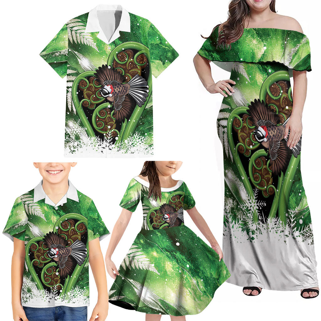 Piwakawaka New Zealand Christmas In July Family Matching Off Shoulder Maxi Dress and Hawaiian Shirt NZ Aroha Koru Fern Marble Vibes