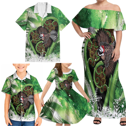 Piwakawaka New Zealand Christmas In July Family Matching Off Shoulder Maxi Dress and Hawaiian Shirt NZ Aroha Koru Fern Marble Vibes