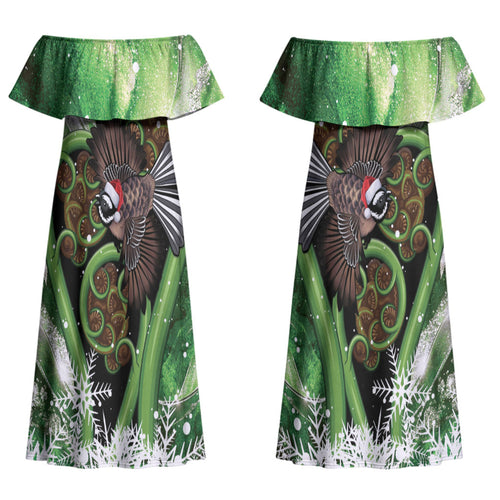 Piwakawaka New Zealand Christmas In July Family Matching Off Shoulder Maxi Dress and Hawaiian Shirt NZ Aroha Koru Fern Marble Vibes