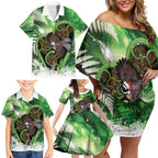 Piwakawaka New Zealand Christmas In July Family Matching Off Shoulder Short Dress and Hawaiian Shirt NZ Aroha Koru Fern Marble Vibes