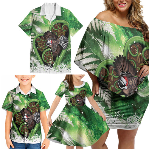 Piwakawaka New Zealand Christmas In July Family Matching Off Shoulder Short Dress and Hawaiian Shirt NZ Aroha Koru Fern Marble Vibes