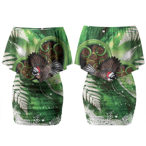 Piwakawaka New Zealand Christmas In July Family Matching Off Shoulder Short Dress and Hawaiian Shirt NZ Aroha Koru Fern Marble Vibes