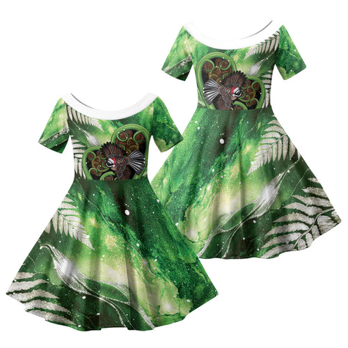 Piwakawaka New Zealand Christmas In July Family Matching Off Shoulder Short Dress and Hawaiian Shirt NZ Aroha Koru Fern Marble Vibes