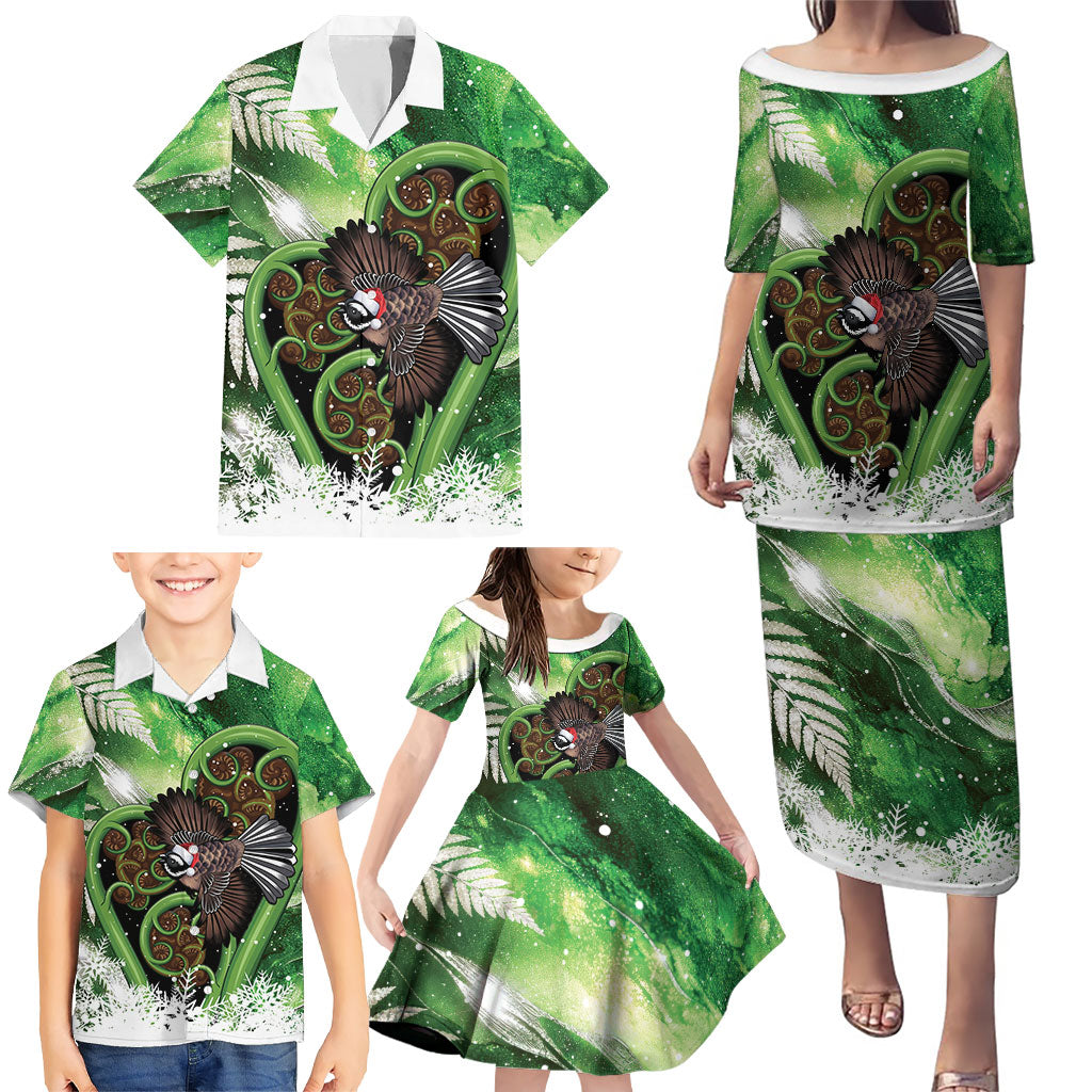 Piwakawaka New Zealand Christmas In July Family Matching Puletasi and Hawaiian Shirt NZ Aroha Koru Fern Marble Vibes