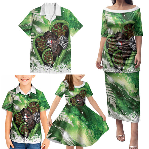 Piwakawaka New Zealand Christmas In July Family Matching Puletasi and Hawaiian Shirt NZ Aroha Koru Fern Marble Vibes