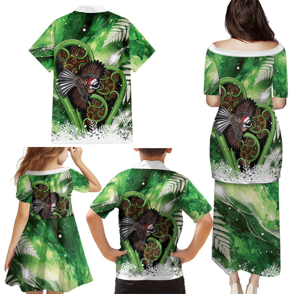 Piwakawaka New Zealand Christmas In July Family Matching Puletasi and Hawaiian Shirt NZ Aroha Koru Fern Marble Vibes