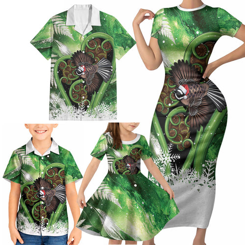 Piwakawaka New Zealand Christmas In July Family Matching Short Sleeve Bodycon Dress and Hawaiian Shirt NZ Aroha Koru Fern Marble Vibes
