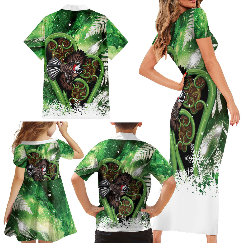 Piwakawaka New Zealand Christmas In July Family Matching Short Sleeve Bodycon Dress and Hawaiian Shirt NZ Aroha Koru Fern Marble Vibes
