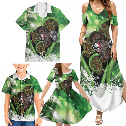 Piwakawaka New Zealand Christmas In July Family Matching Summer Maxi Dress and Hawaiian Shirt NZ Aroha Koru Fern Marble Vibes