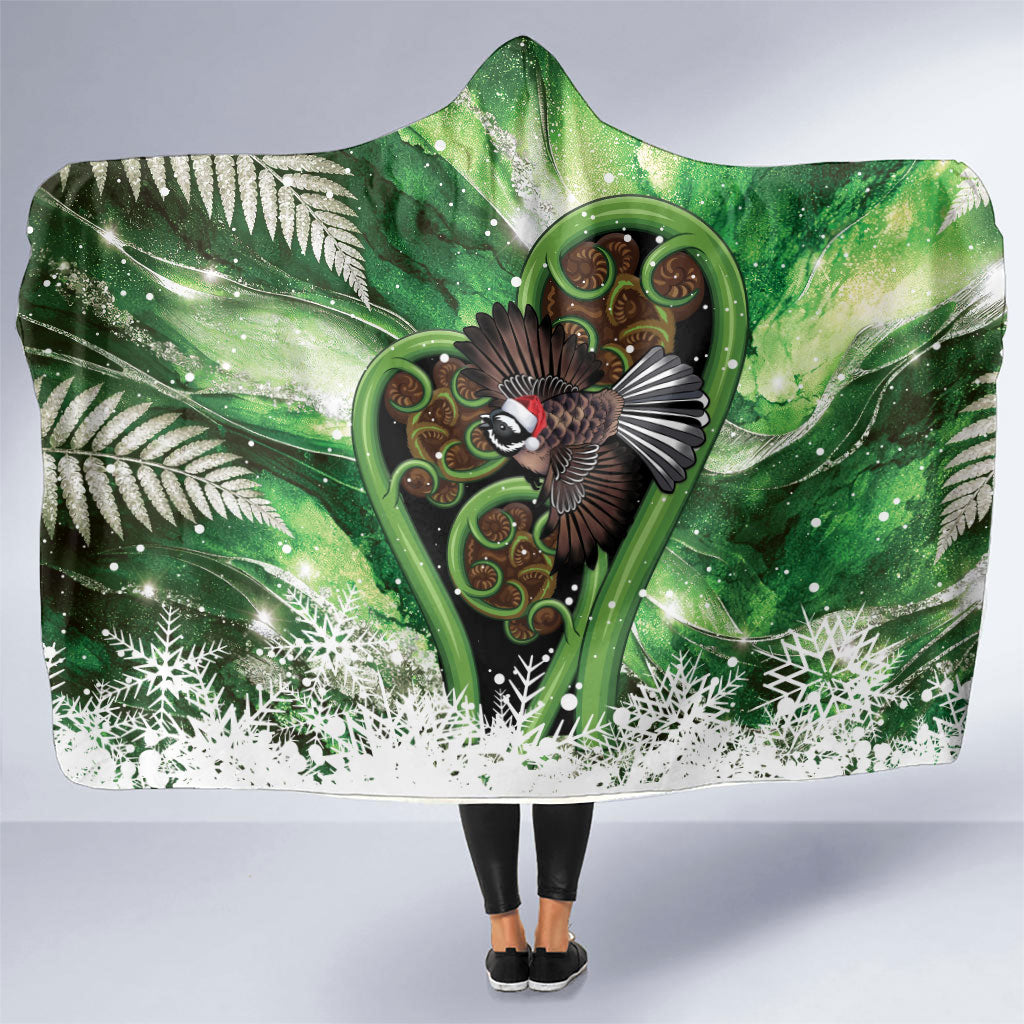 Piwakawaka New Zealand Christmas In July Hooded Blanket NZ Aroha Koru Fern Marble Vibes