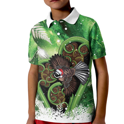 Piwakawaka New Zealand Christmas In July Kid Polo Shirt NZ Aroha Koru Fern Marble Vibes