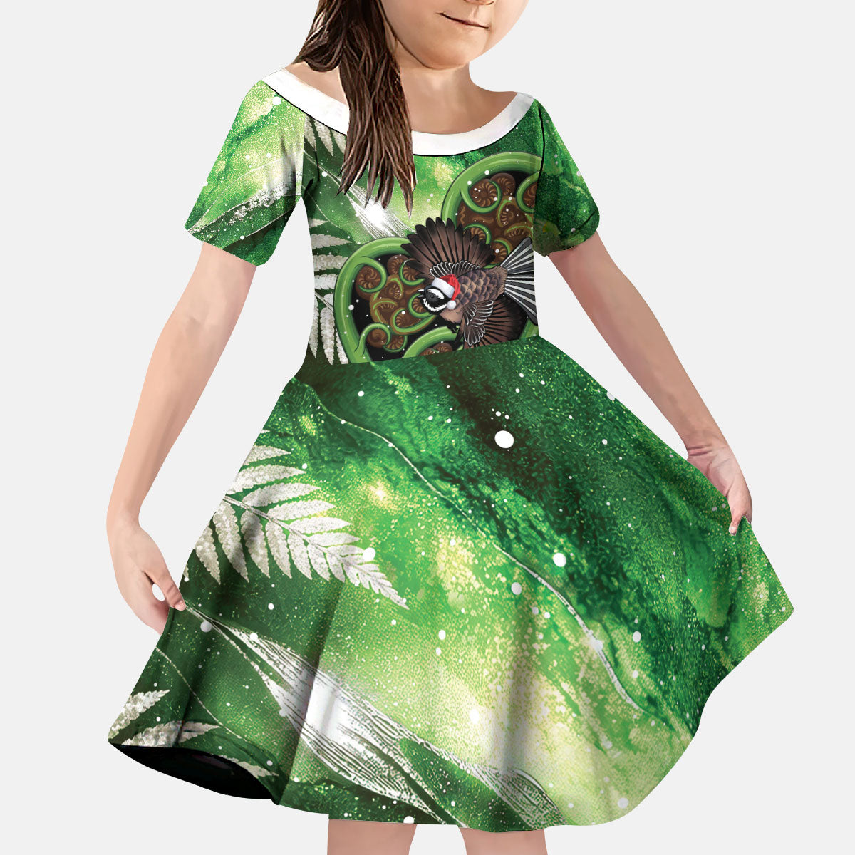 Piwakawaka New Zealand Christmas In July Kid Short Sleeve Dress NZ Aroha Koru Fern Marble Vibes
