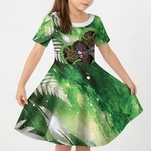 Piwakawaka New Zealand Christmas In July Kid Short Sleeve Dress NZ Aroha Koru Fern Marble Vibes