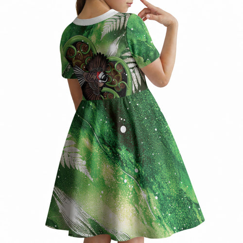 Piwakawaka New Zealand Christmas In July Kid Short Sleeve Dress NZ Aroha Koru Fern Marble Vibes