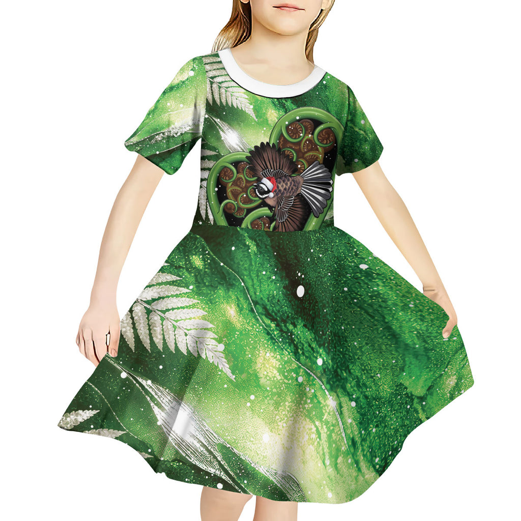 Piwakawaka New Zealand Christmas In July Kid Short Sleeve Dress NZ Aroha Koru Fern Marble Vibes