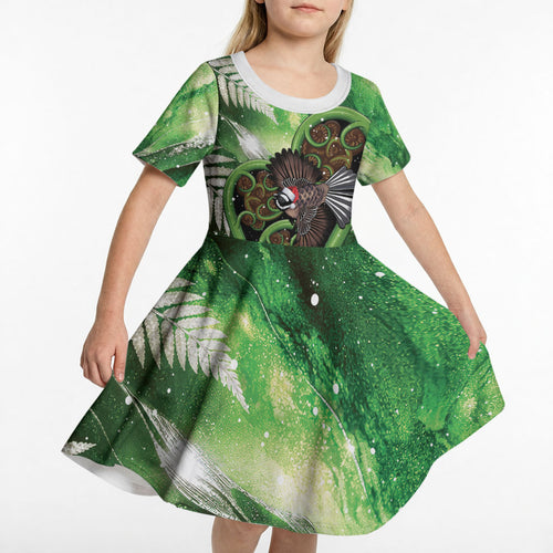 Piwakawaka New Zealand Christmas In July Kid Short Sleeve Dress NZ Aroha Koru Fern Marble Vibes