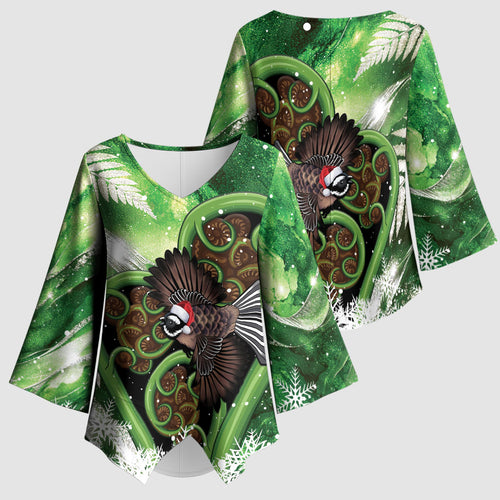 Piwakawaka New Zealand Christmas In July Kimono Sleeve Blouse NZ Aroha Koru Fern Marble Vibes
