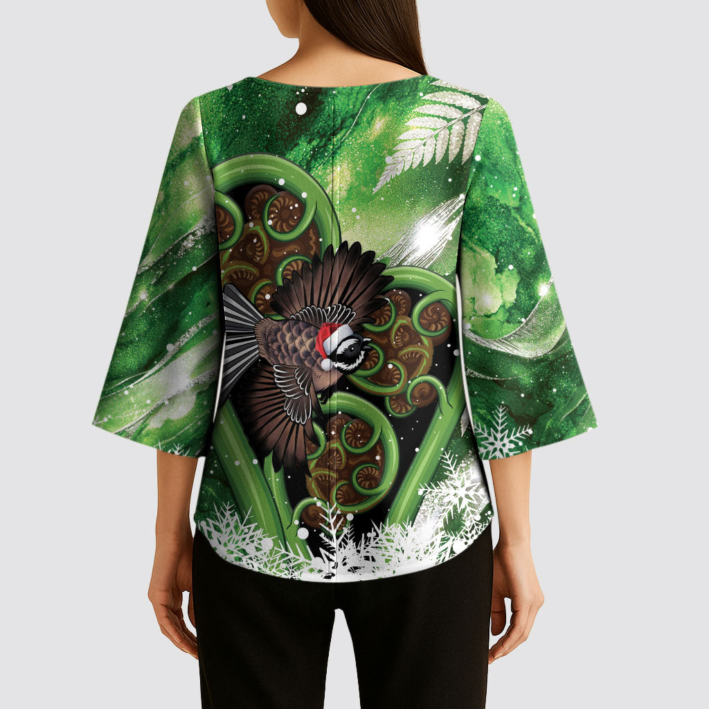 Piwakawaka New Zealand Christmas In July Kimono Sleeve Blouse NZ Aroha Koru Fern Marble Vibes