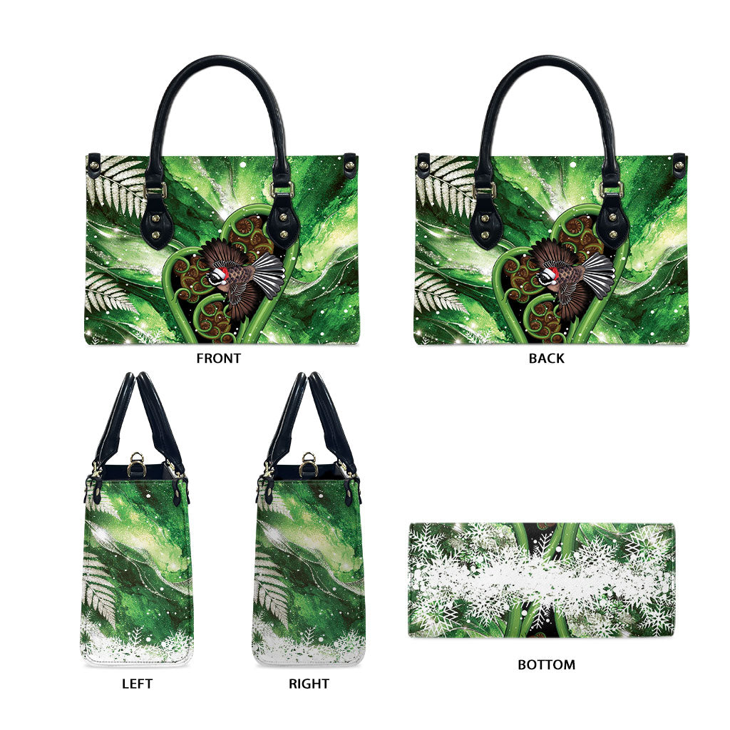 Piwakawaka New Zealand Christmas In July Leather Bag NZ Aroha Koru Fern Marble Vibes