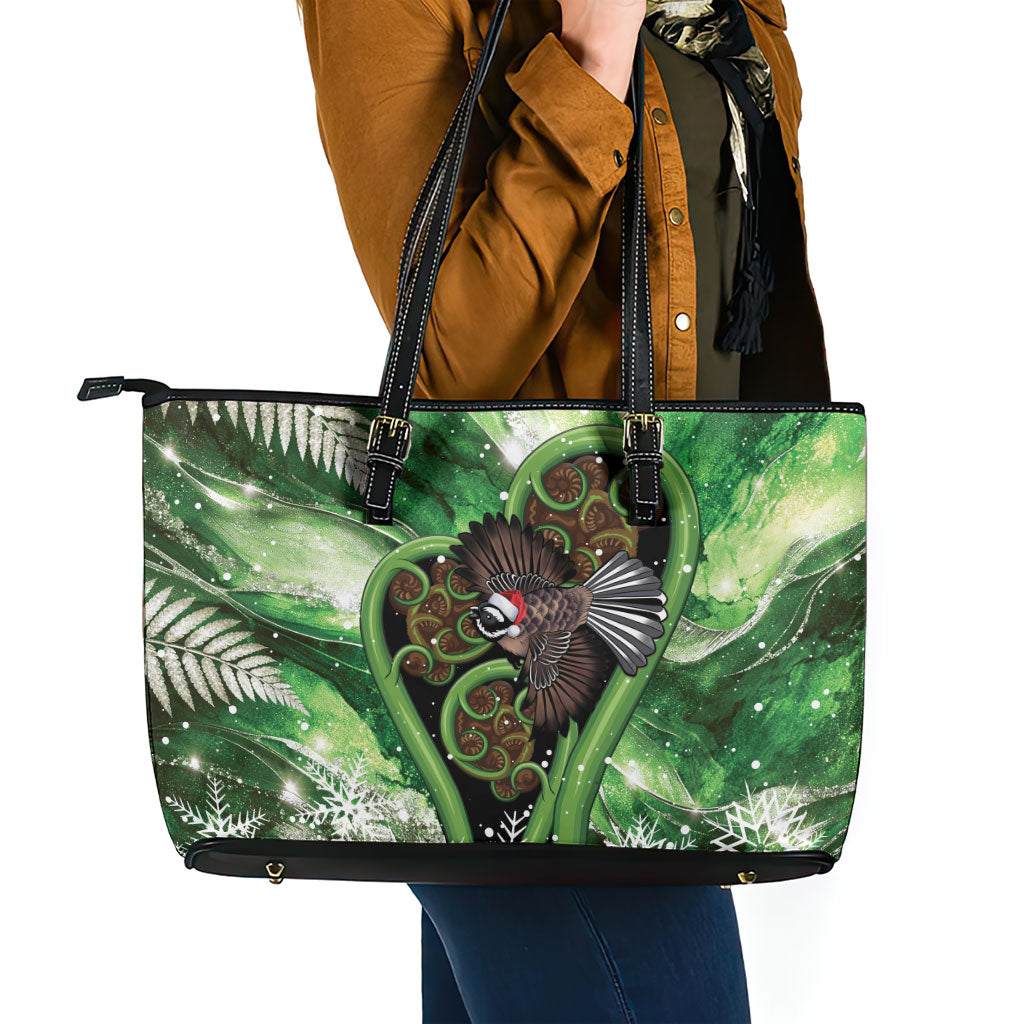 Piwakawaka New Zealand Christmas In July Leather Tote Bag NZ Aroha Koru Fern Marble Vibes