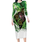 Piwakawaka New Zealand Christmas In July Long Sleeve Bodycon Dress NZ Aroha Koru Fern Marble Vibes