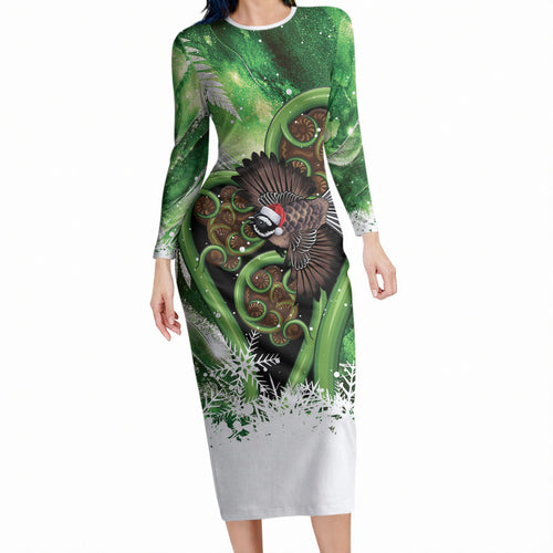 Piwakawaka New Zealand Christmas In July Long Sleeve Bodycon Dress NZ Aroha Koru Fern Marble Vibes