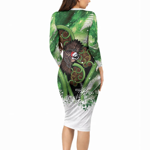 Piwakawaka New Zealand Christmas In July Long Sleeve Bodycon Dress NZ Aroha Koru Fern Marble Vibes