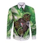 Piwakawaka New Zealand Christmas In July Long Sleeve Button Shirt NZ Aroha Koru Fern Marble Vibes