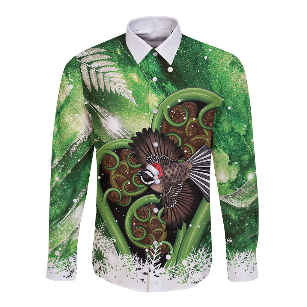 Piwakawaka New Zealand Christmas In July Long Sleeve Button Shirt NZ Aroha Koru Fern Marble Vibes